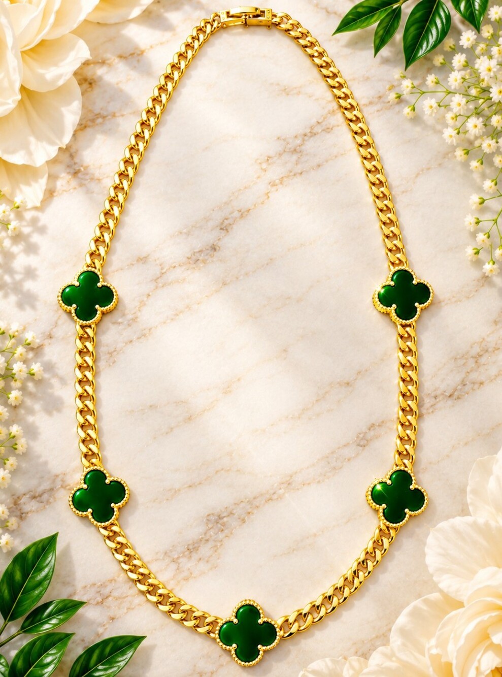 Gold Cuban Link Chain Necklace with Green Clover Accents - Women Jewelry